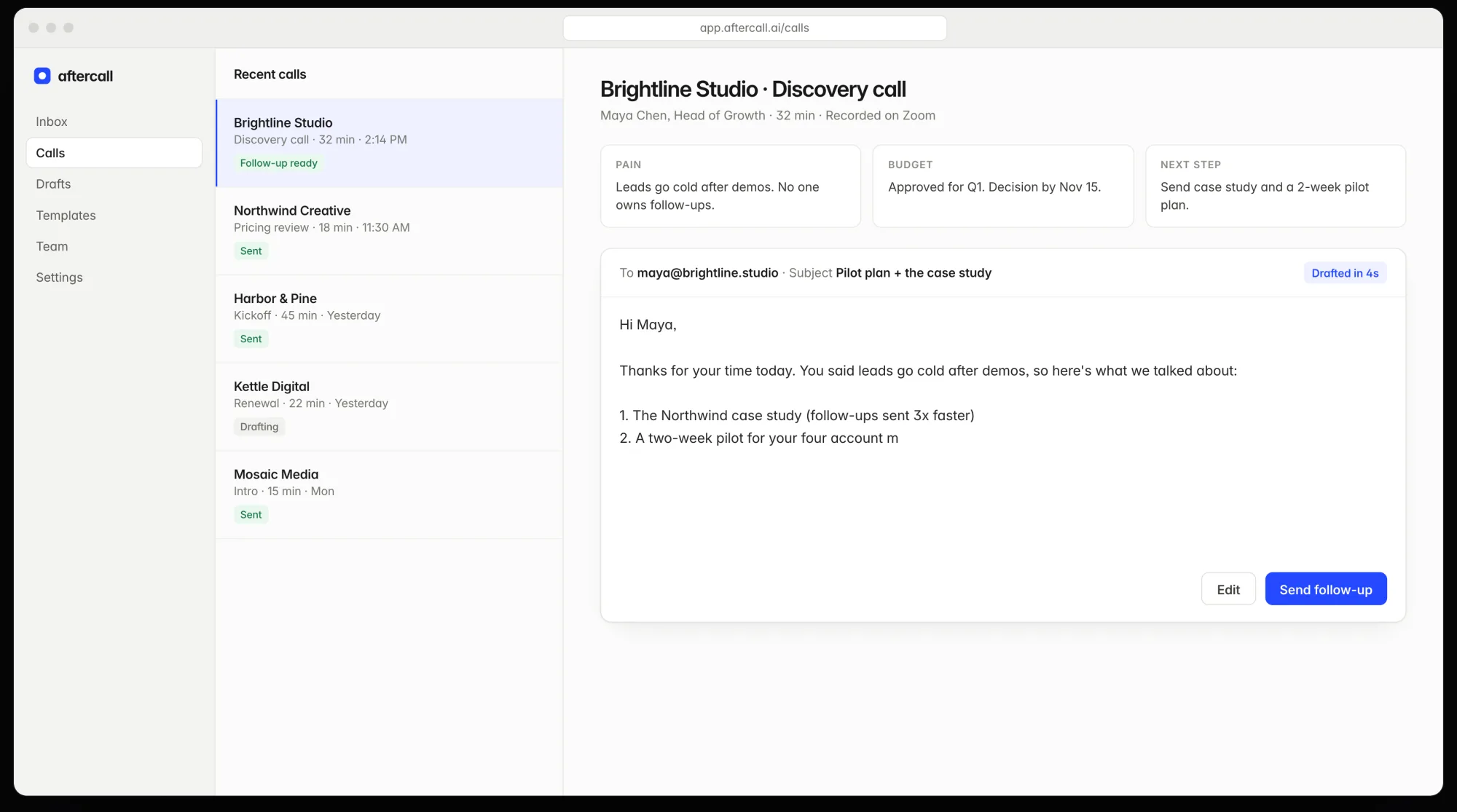 The product built in the demo: a web app that drafts a follow-up email after a sales call.