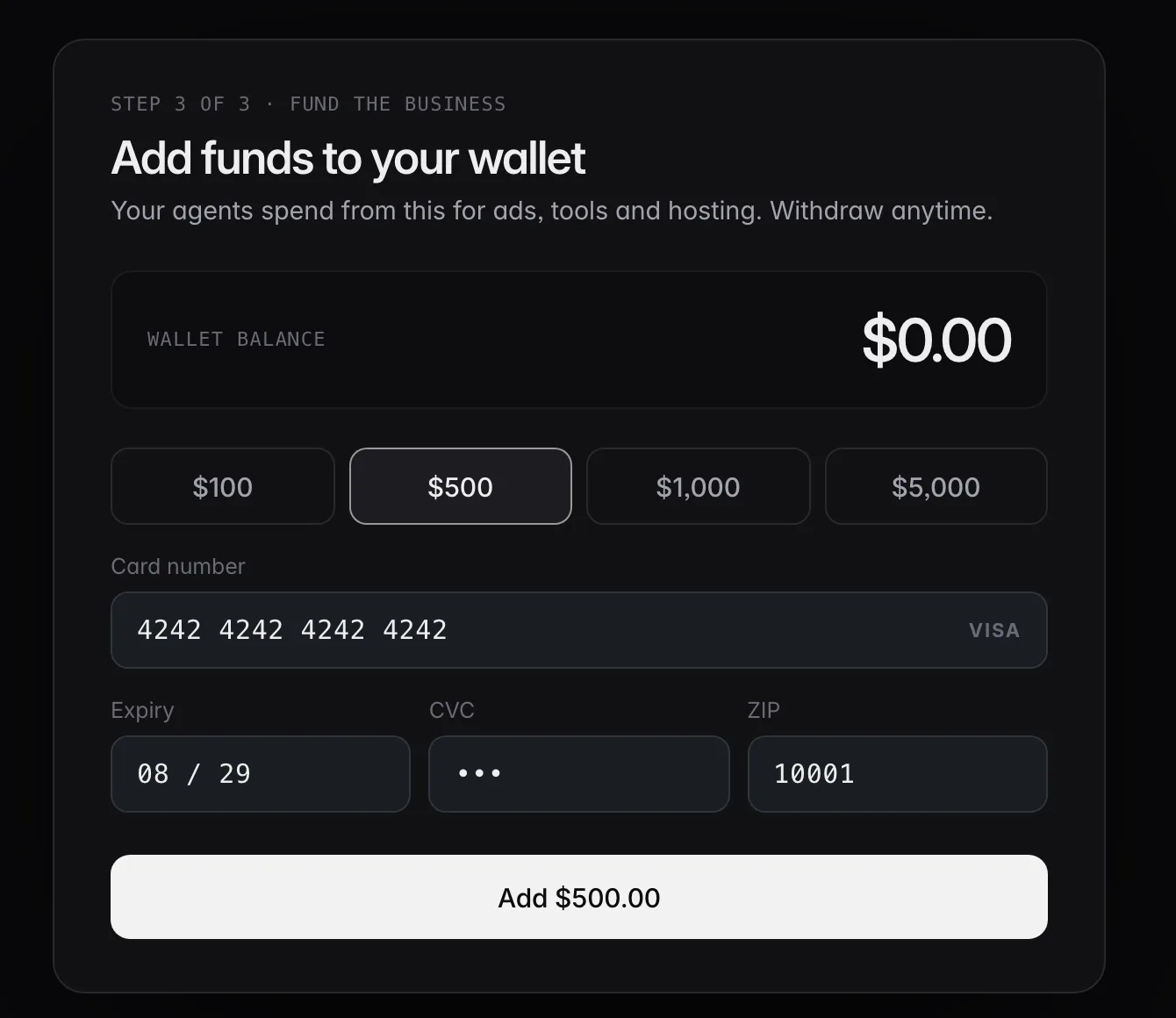 Prototype wallet screen: Add funds to your wallet, with $500 selected.